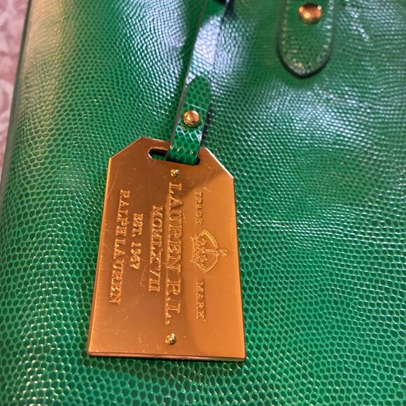 Lauren Ralph Lauren Emerald Lizard Embossed Leather RLL Gold Hardware Large Bag - Picture 2 of 16